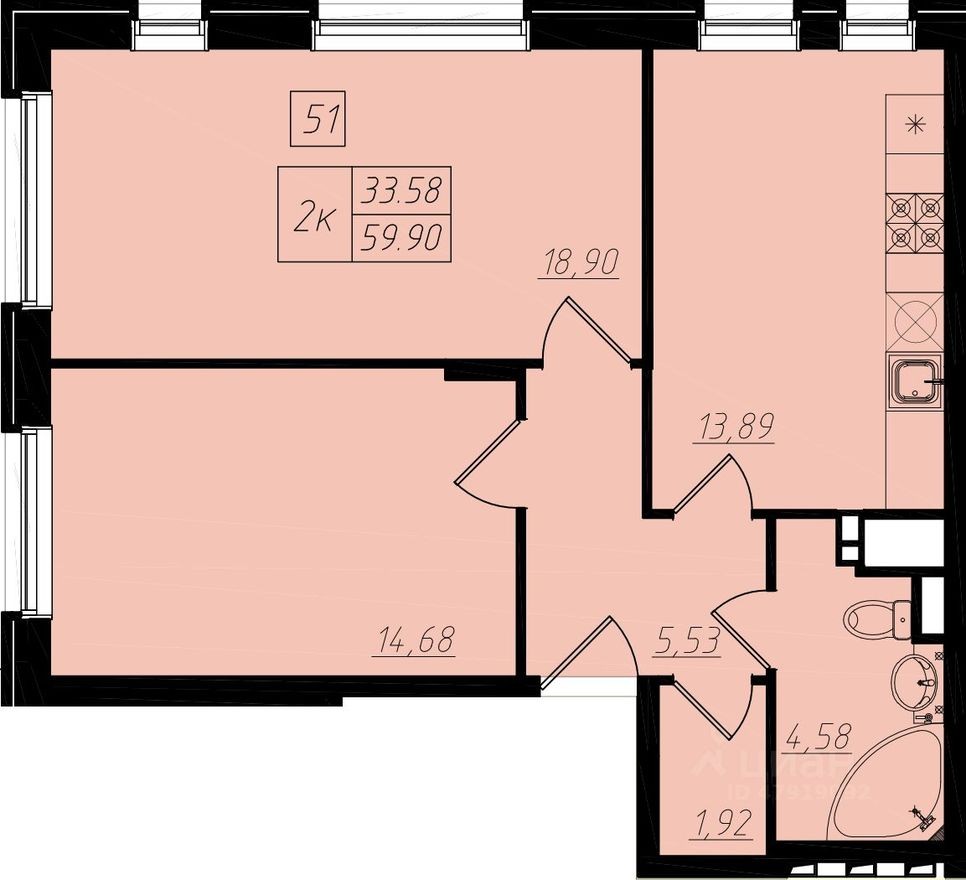 2к. квартира, 60.0 м²