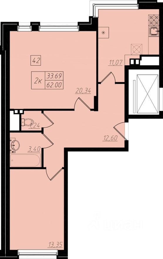 2к. квартира, 62.4 м²
