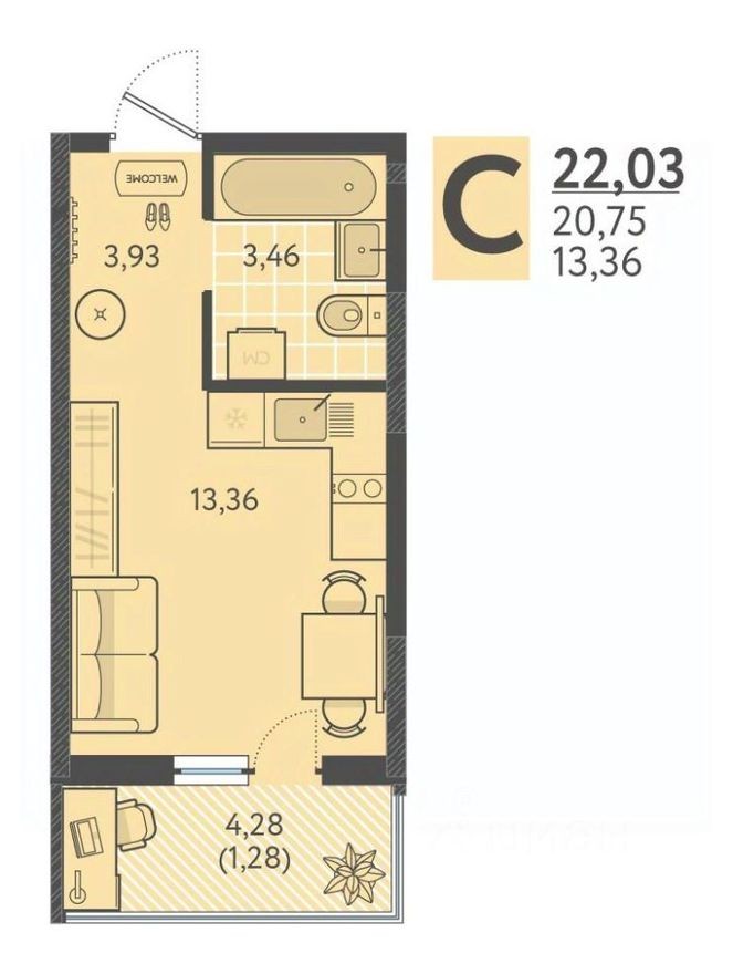 1к. квартира, 21.5 м²