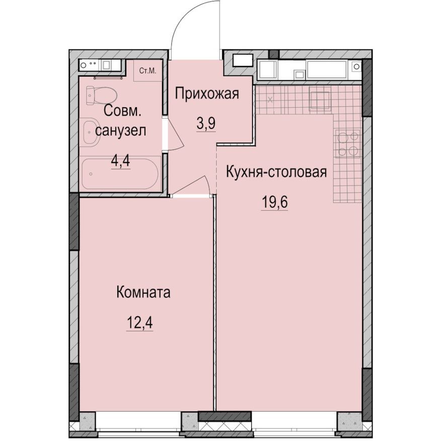 1к. апартаменты, 40.3 м²