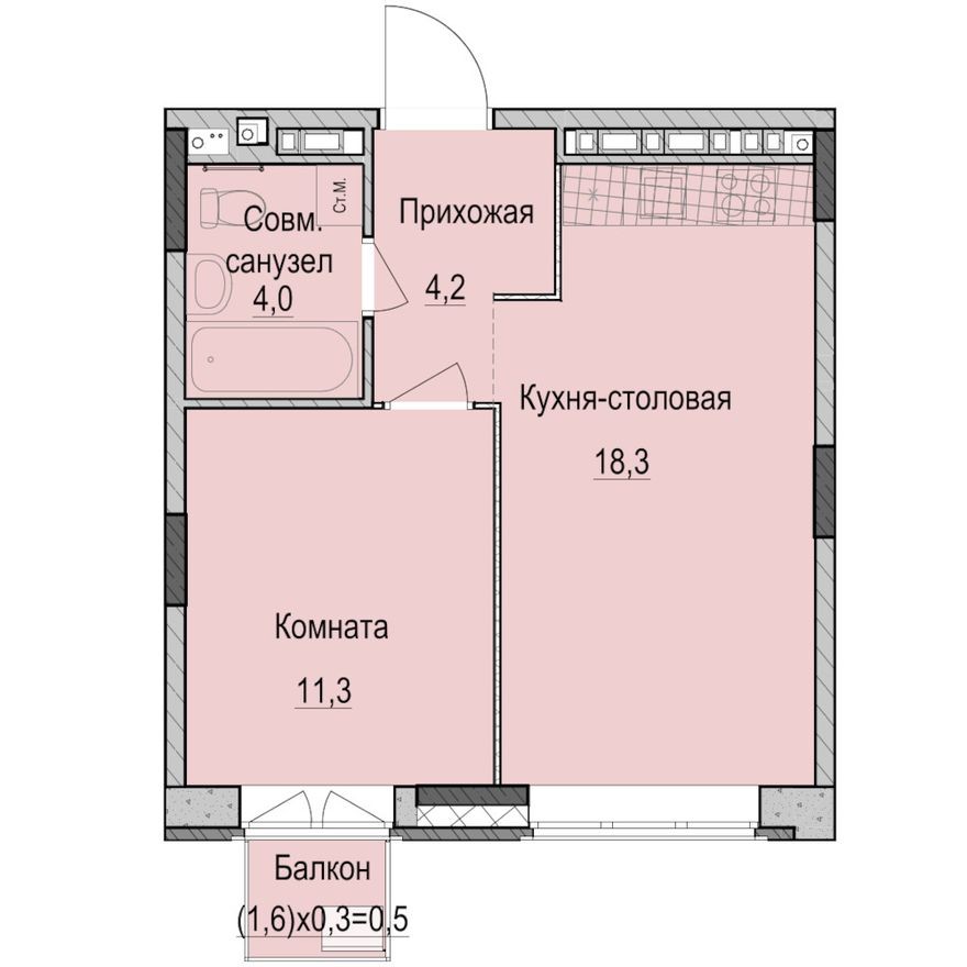 1к. апартаменты, 38.3 м²