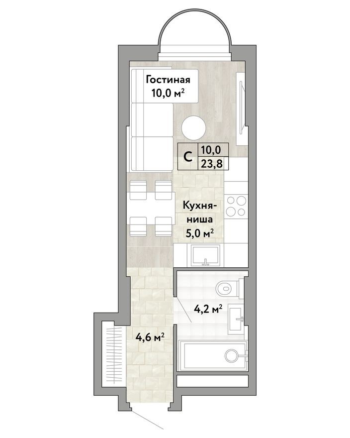 Студия-квартира, 23.8 м²