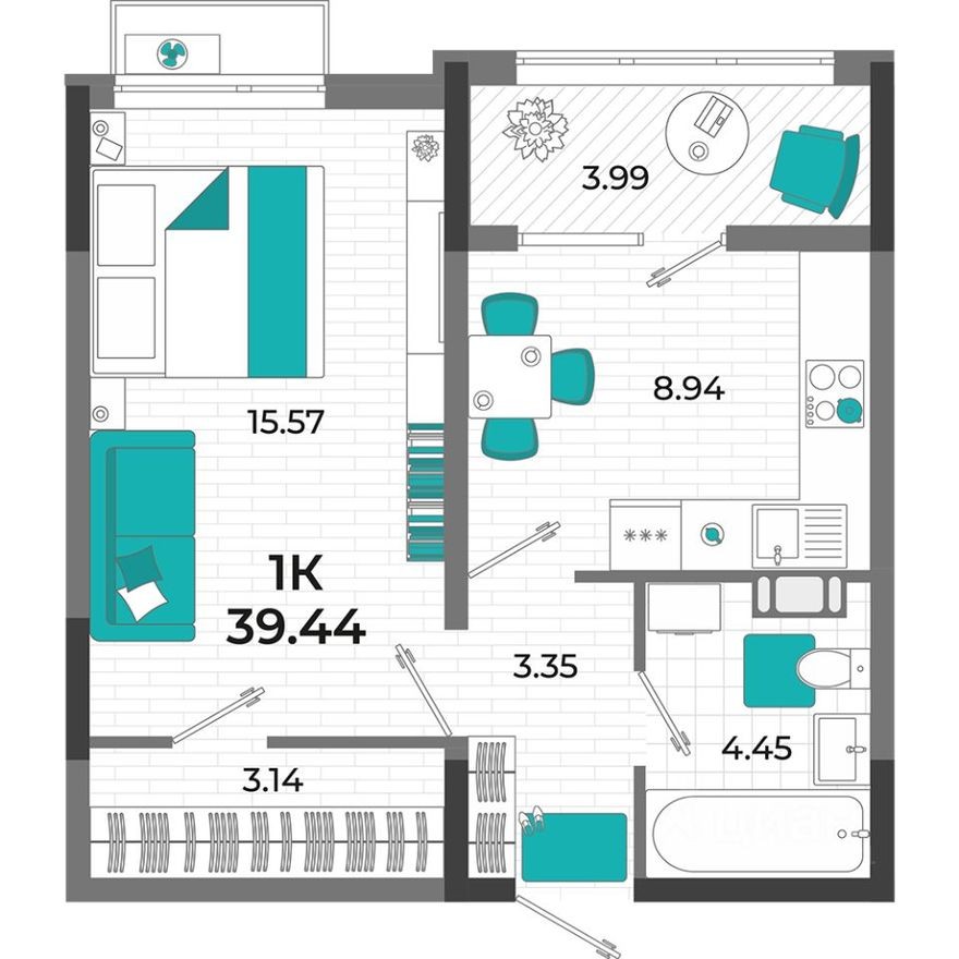 1к. квартира, 39.4 м²
