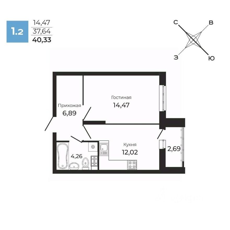 1к. квартира, 40.3 м²