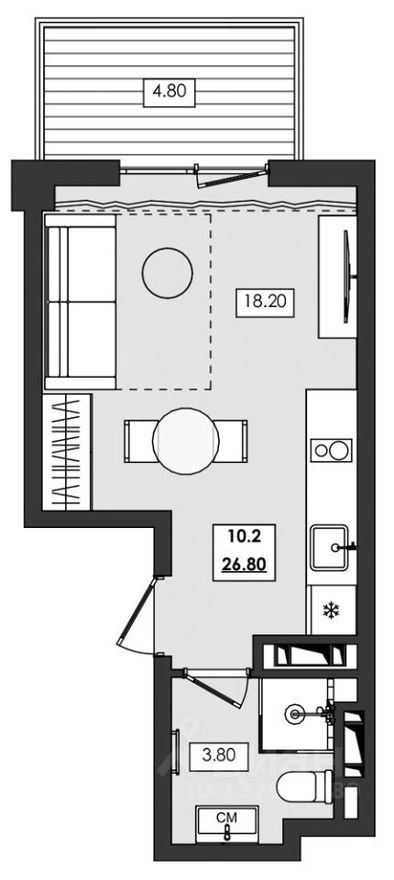 1к. апартаменты, 26.8 м²