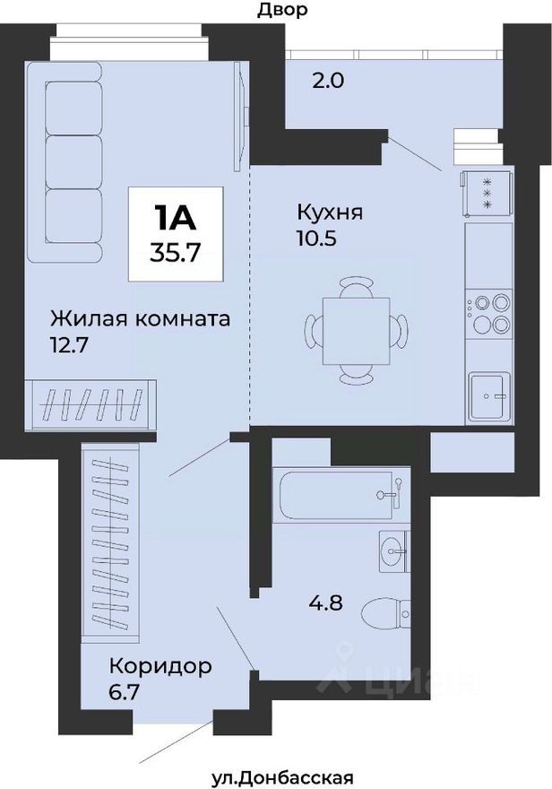 1к. квартира, 35.7 м²