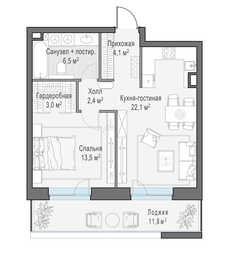 1к. квартира, 57.4 м²