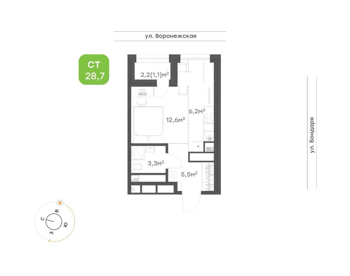 Студия-квартира, 28.7 м²