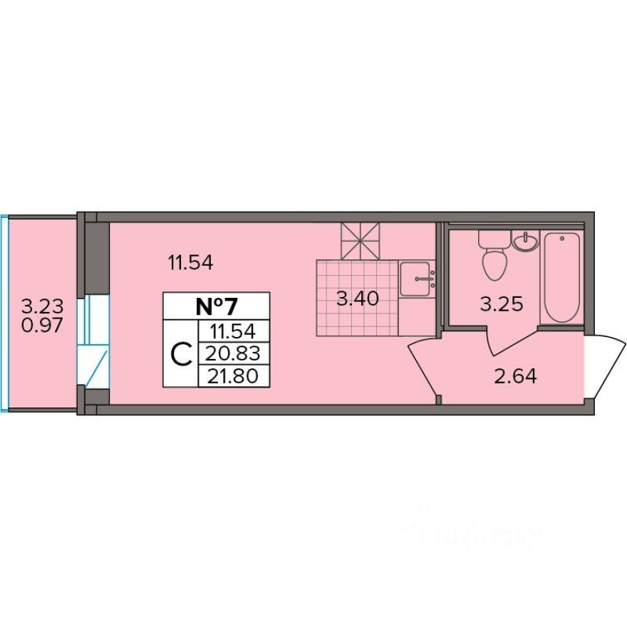 1к. квартира, 21.8 м²