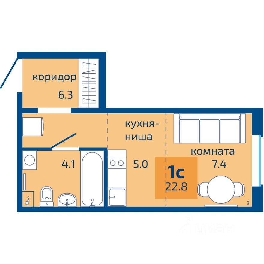 1к. квартира, 22.8 м²