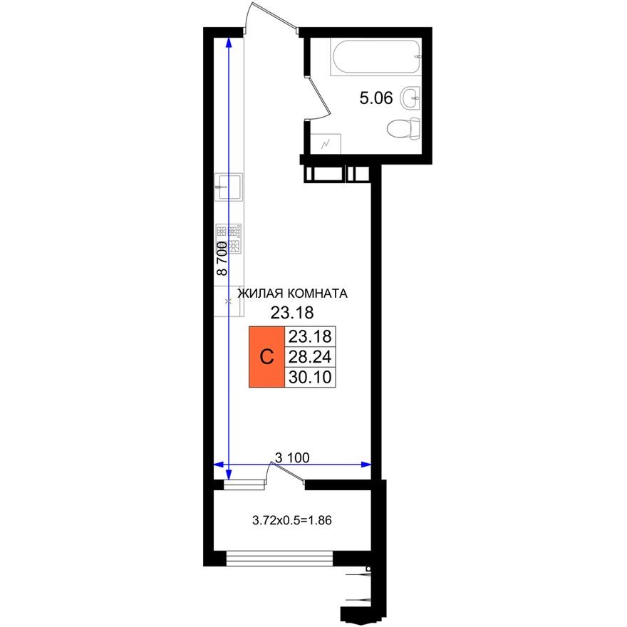 1к. квартира, 30.1 м²