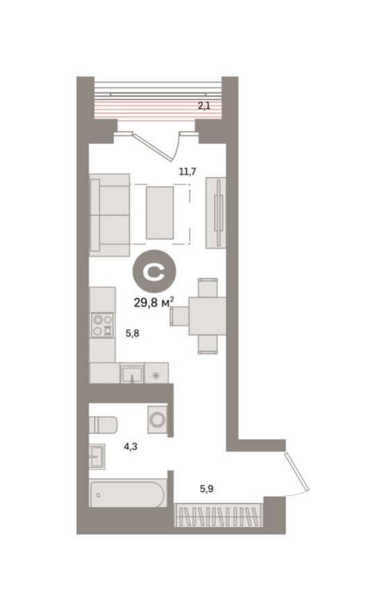 Студия-квартира, 29.8 м²