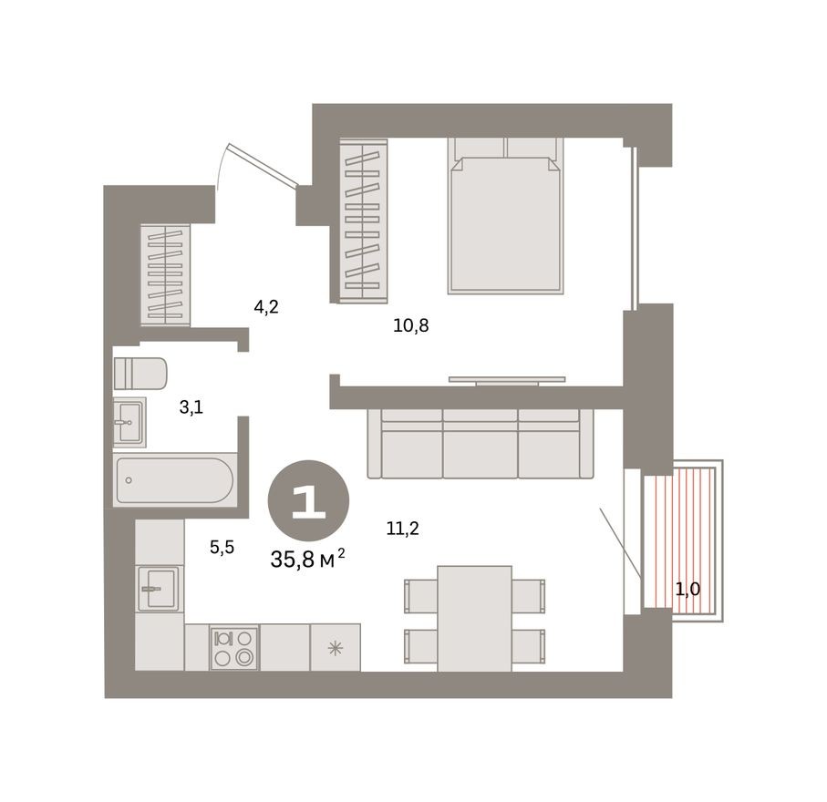 1к. квартира, 35.8 м²
