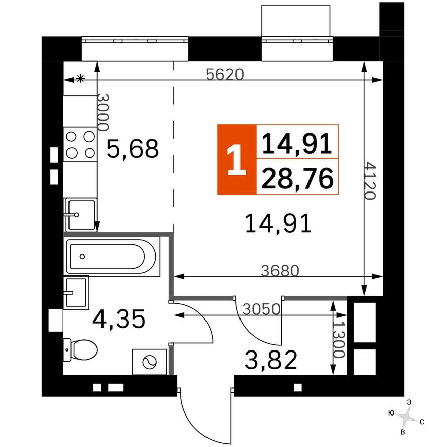 Планировка — Студия-квартира, 28.8 м²
