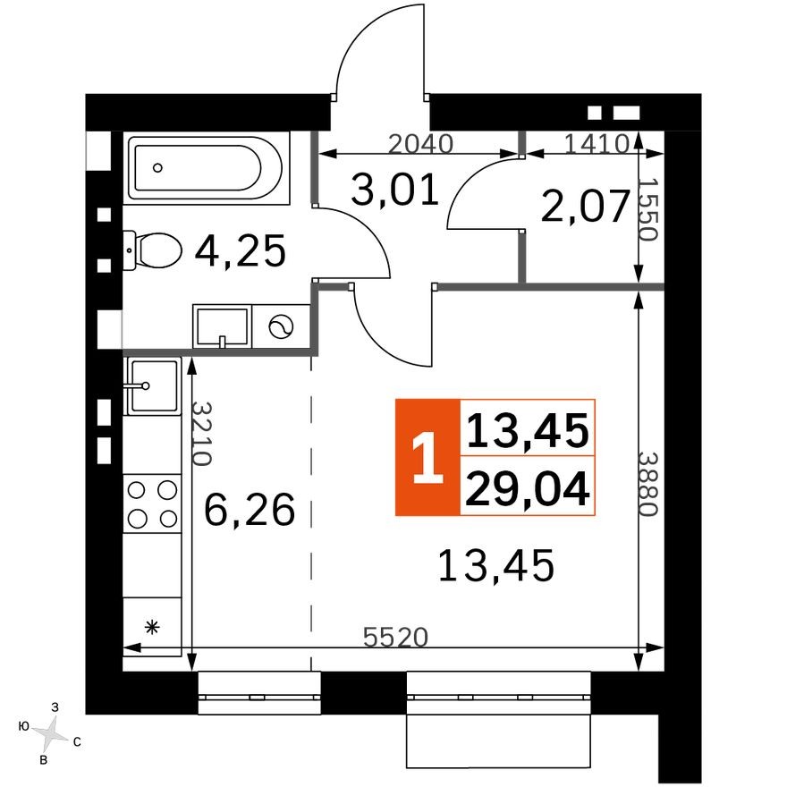 Планировка — Студия-квартира, 29.0 м²