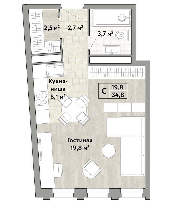 1к. квартира, 34.8 м²