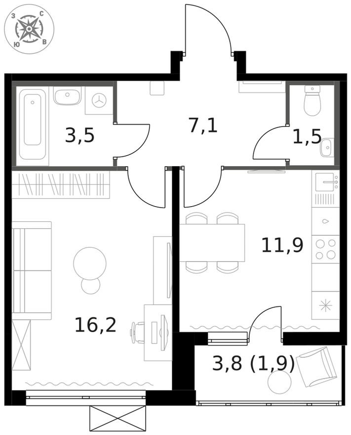 1к. квартира, 42.1 м²