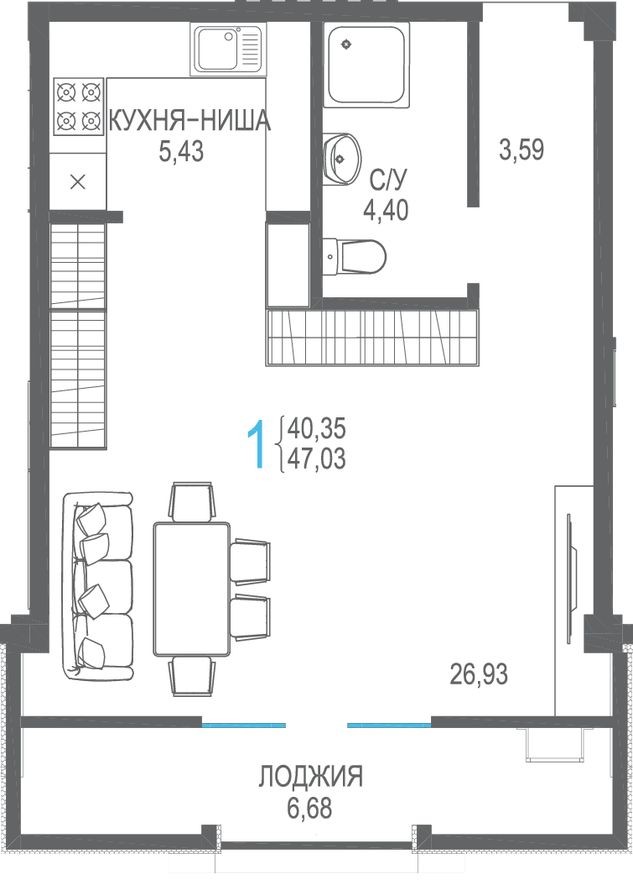 1к. квартира, 47.0 м²