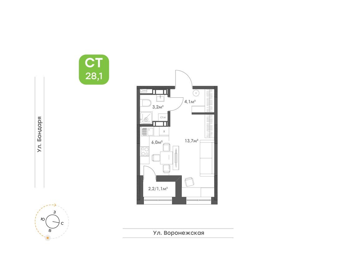 Студия-квартира, 28.1 м²