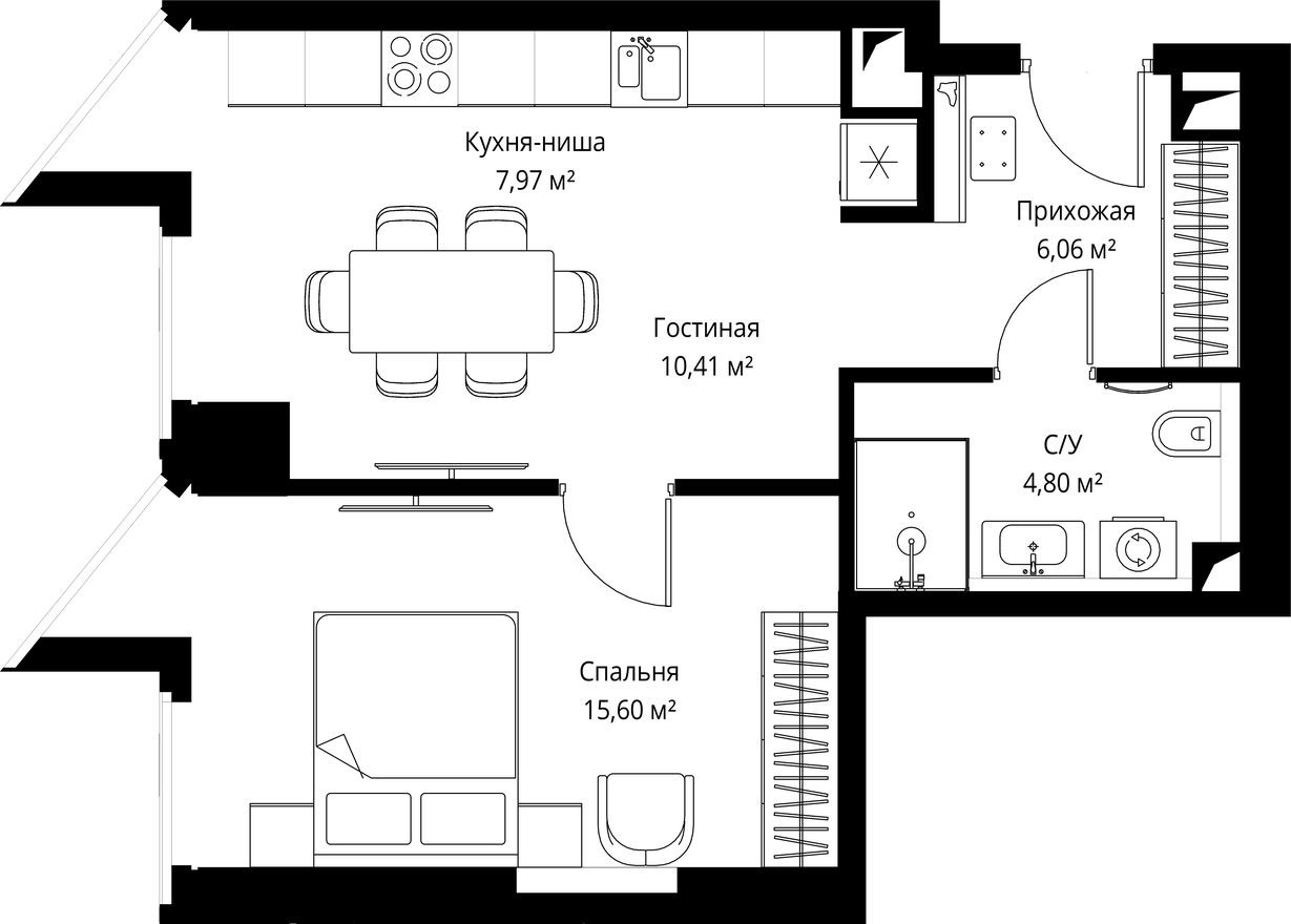 1к. квартира, 44.6 м²