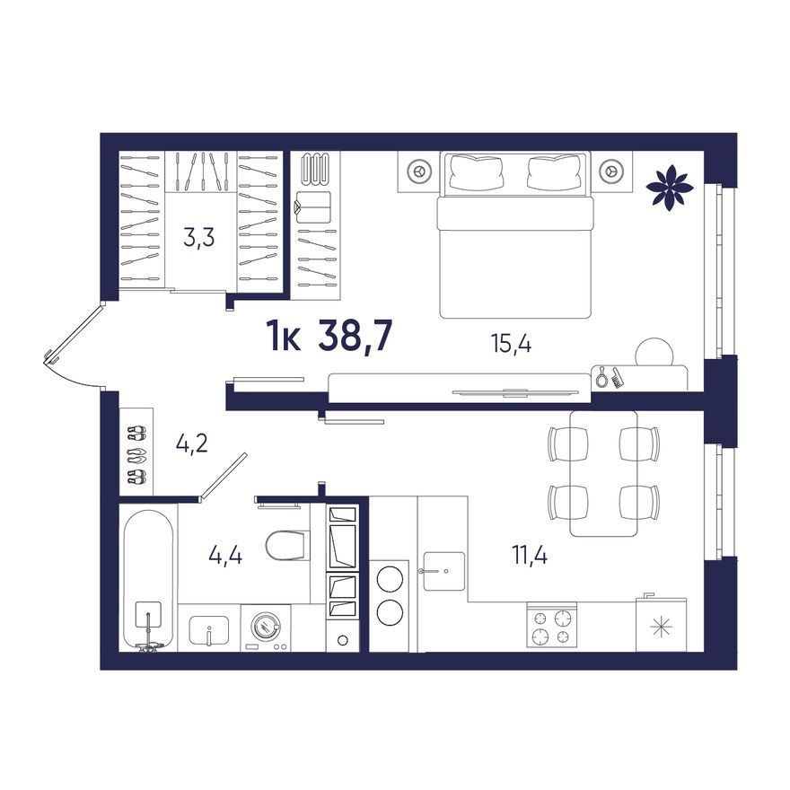 1к. квартира, 38.7 м²