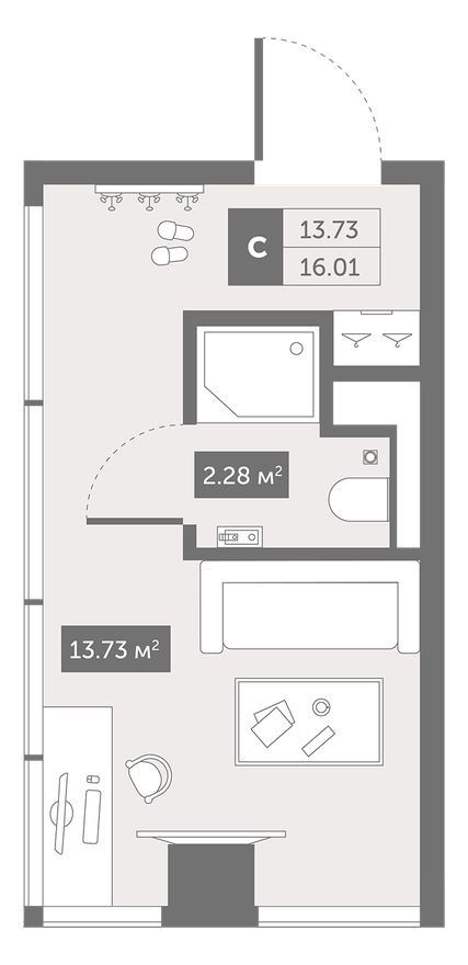 Студия-квартира, 16.0 м²