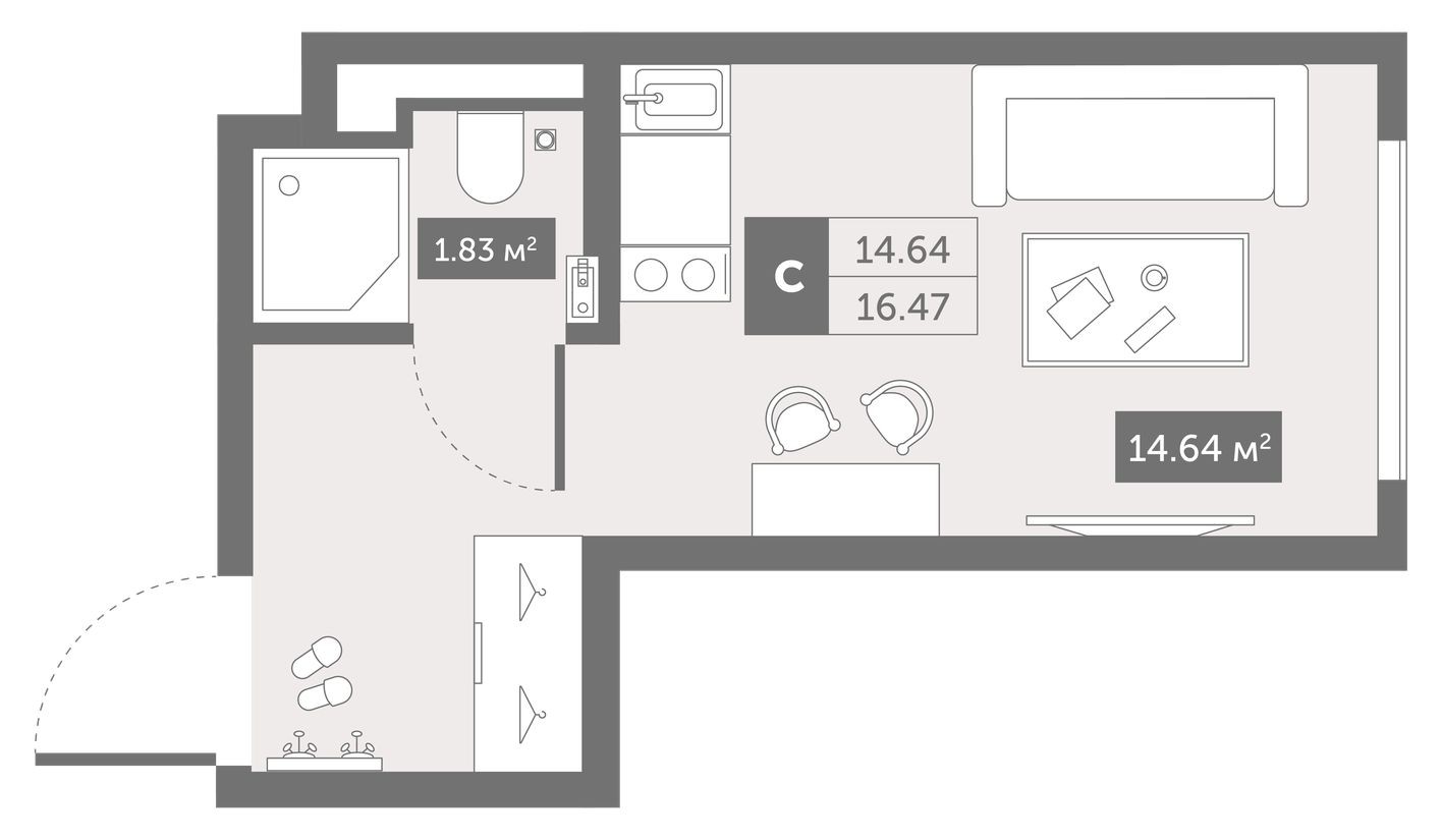 Студия-квартира, 16.5 м²