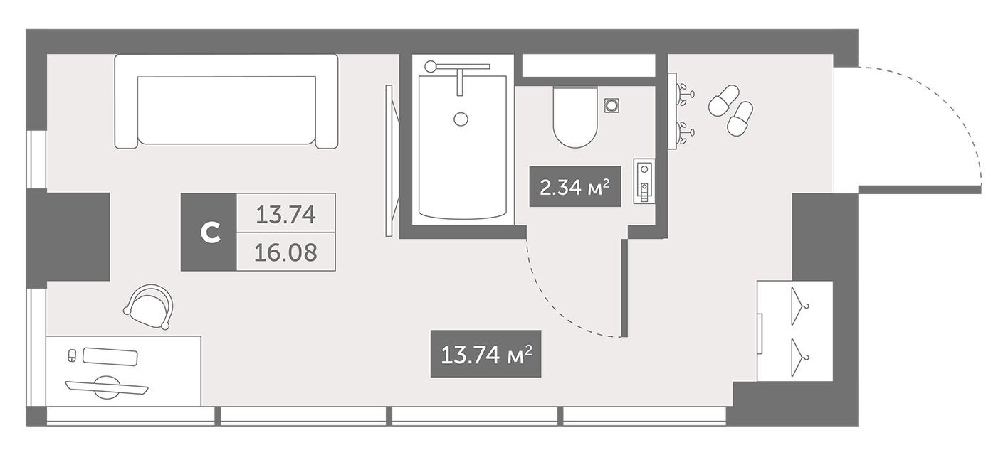 Студия-квартира, 16.1 м²