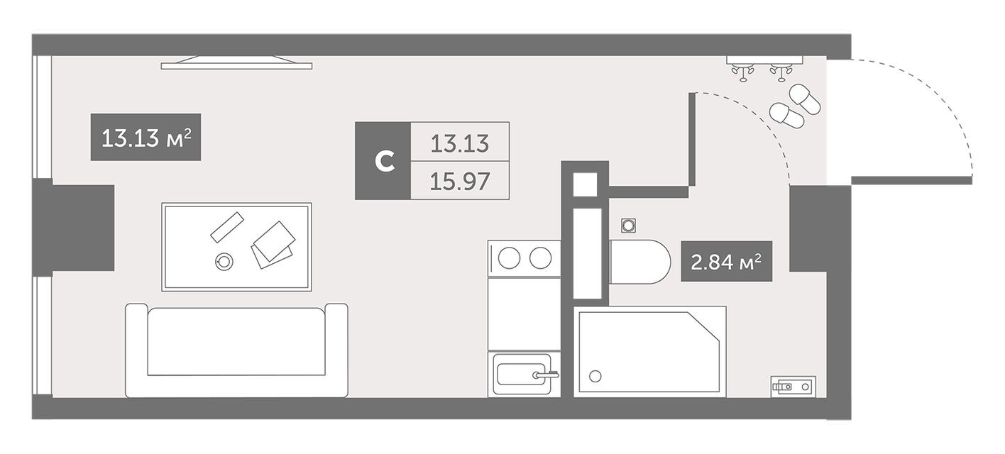 Студия-квартира, 16.0 м²