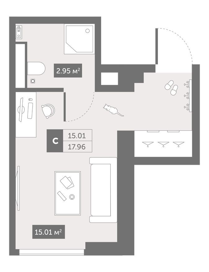 Студия-квартира, 18.0 м²