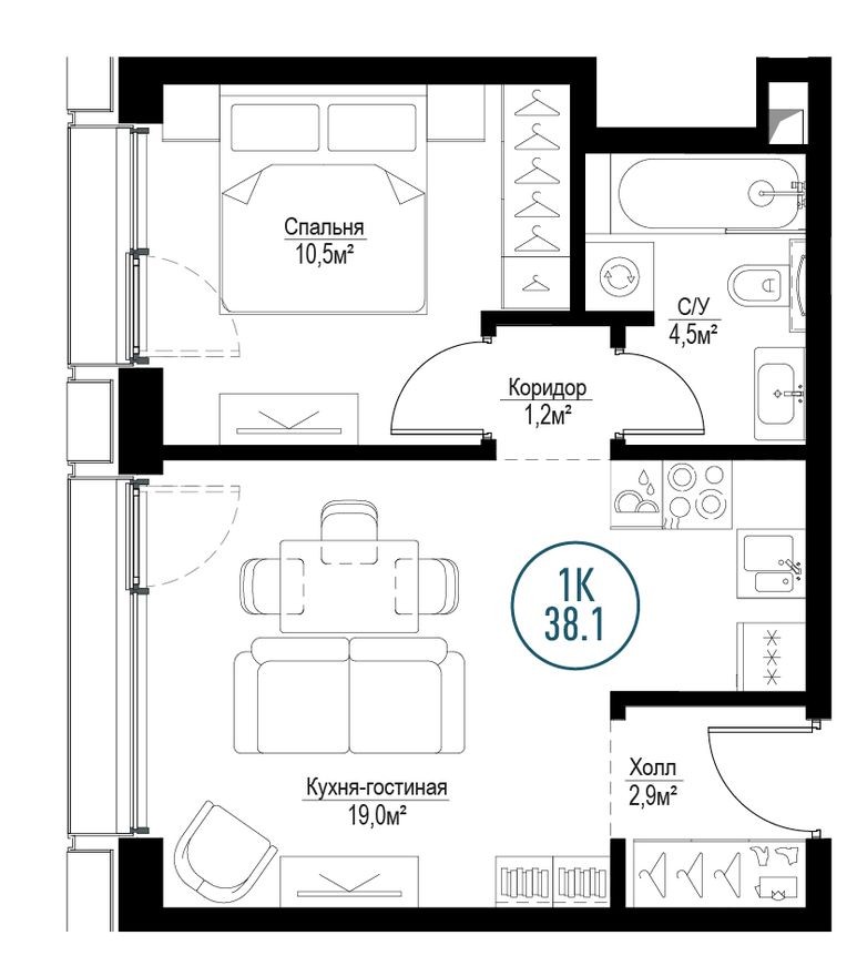 1к. квартира, 37.7 м²