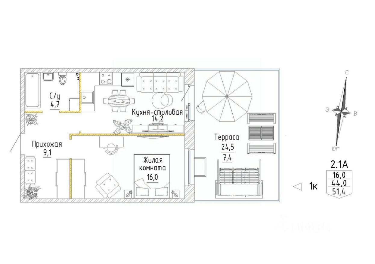 1к. квартира, 52.0 м²