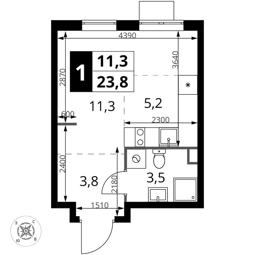 Студия-квартира, 23.8 м²