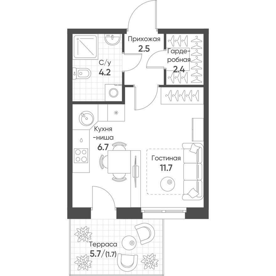 Студия-квартира, 29.4 м²