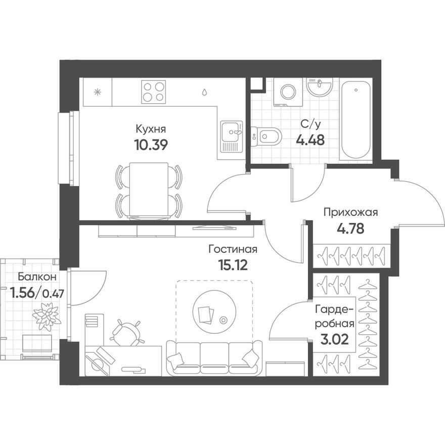 1к. квартира, 37.9 м²