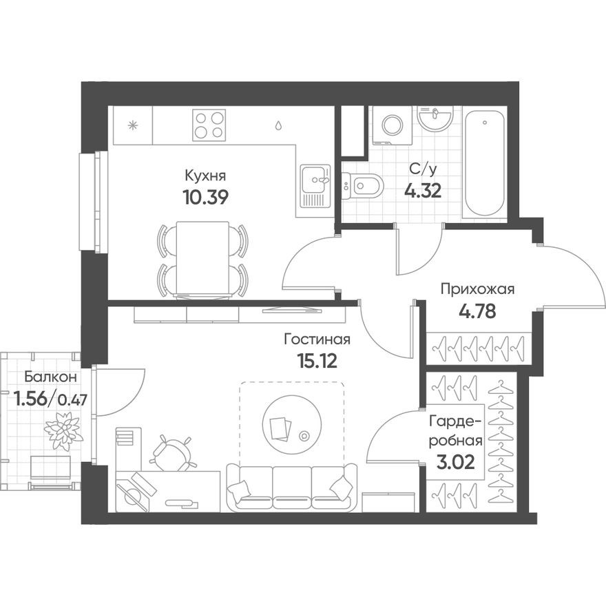 1к. квартира, 38.2 м²