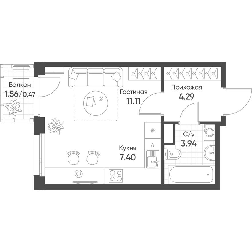 Студия-квартира, 27.3 м²