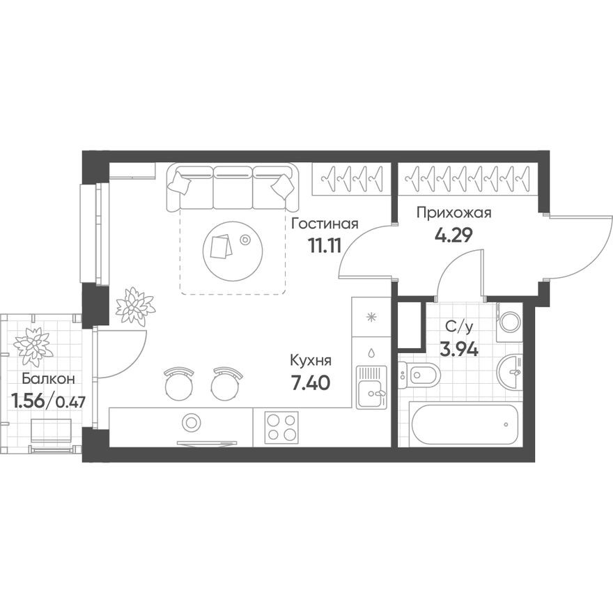Студия-квартира, 27.3 м²
