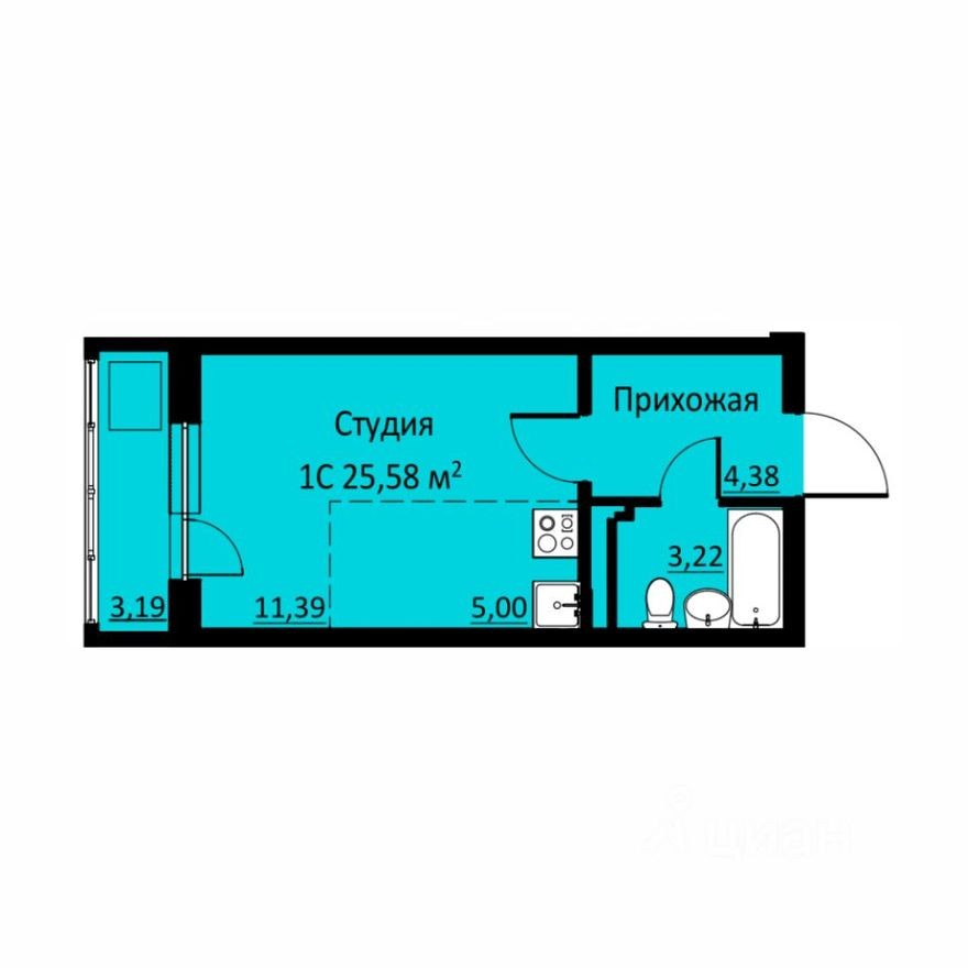 1к. квартира, 25.6 м²