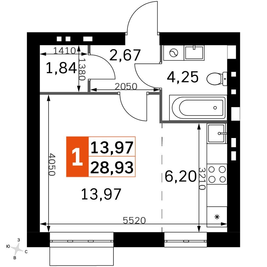 Планировка — Студия-квартира, 28.9 м²