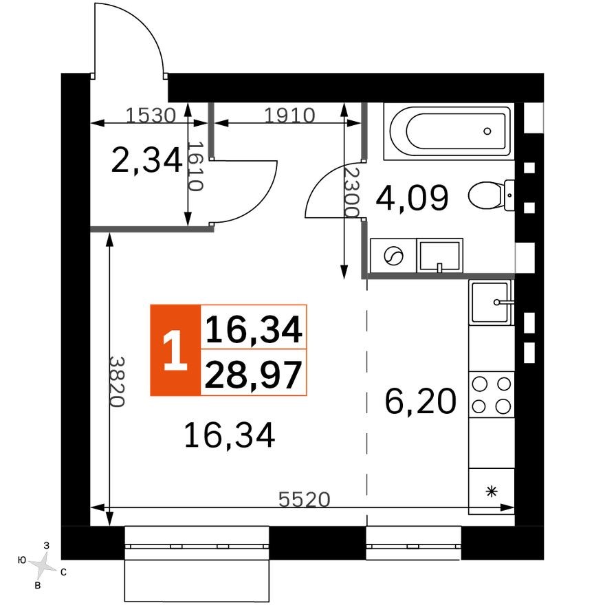 Планировка — Студия-квартира, 29.0 м²