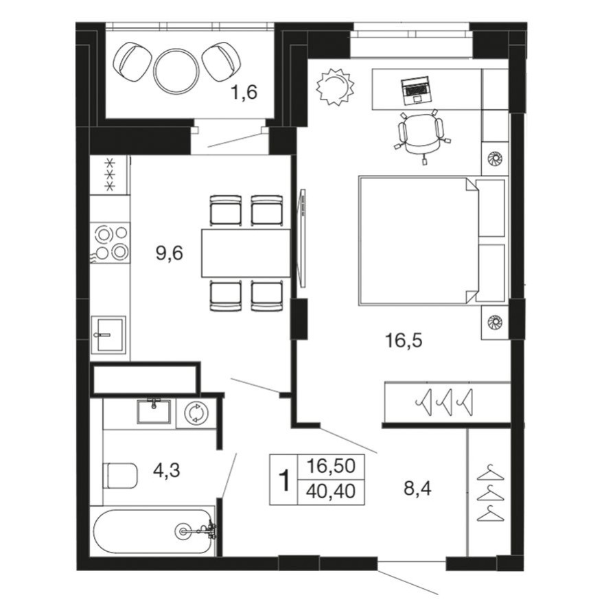 1к. квартира, 40.4 м²