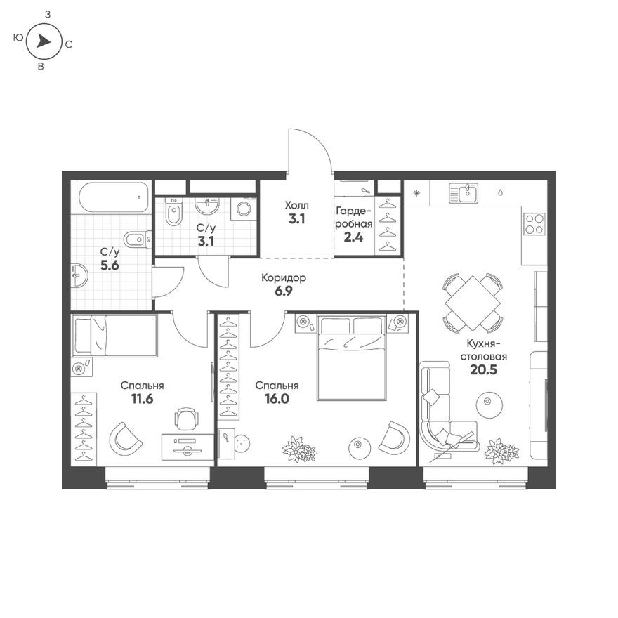 2к. квартира, 69.2 м²