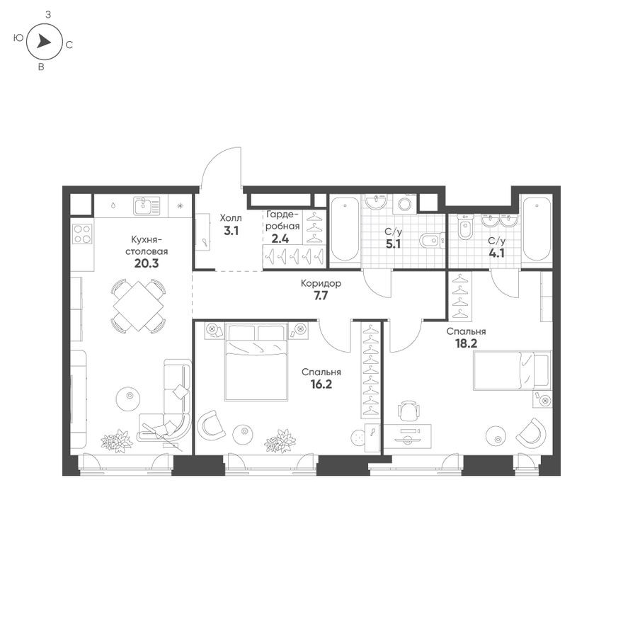2к. квартира, 77.1 м²