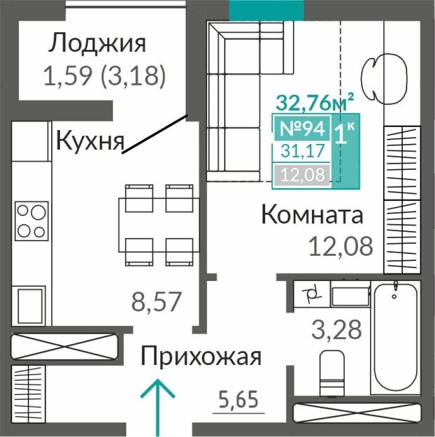 1к. квартира, 31.2 м²