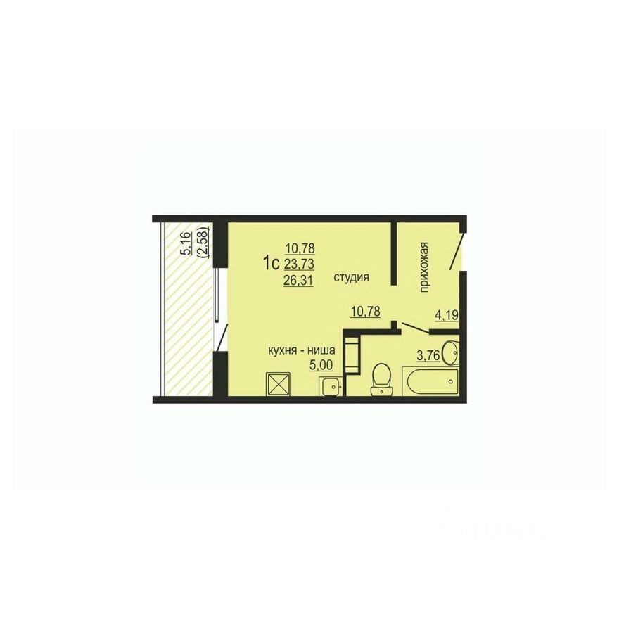 1к. квартира, 26.3 м²