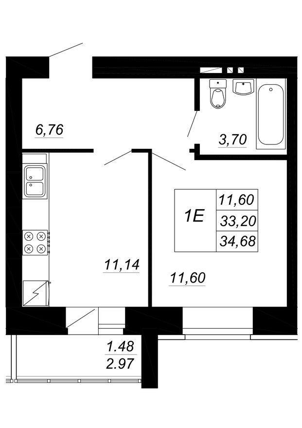 1к. квартира, 34.7 м²