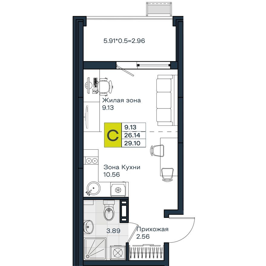 Студия-квартира, 29.1 м²