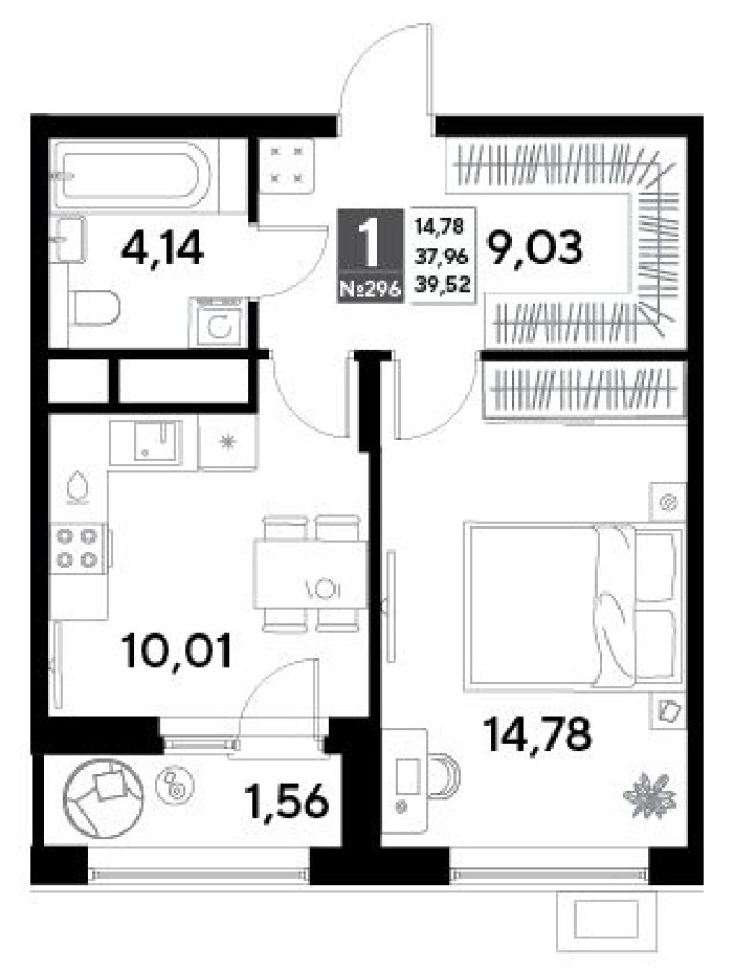 1к. квартира, 39.5 м²