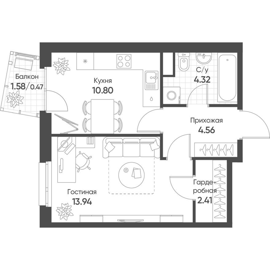 1к. квартира, 36.7 м²